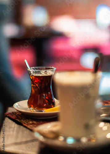 Chaj, tea in glass server in one of turkis restaurants