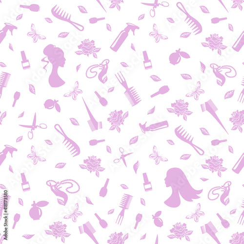 Barber tools seamless pattern scissors, comb, spray bottle, rose, butterfly, beads, girl profile. Design for poster, banner, print.