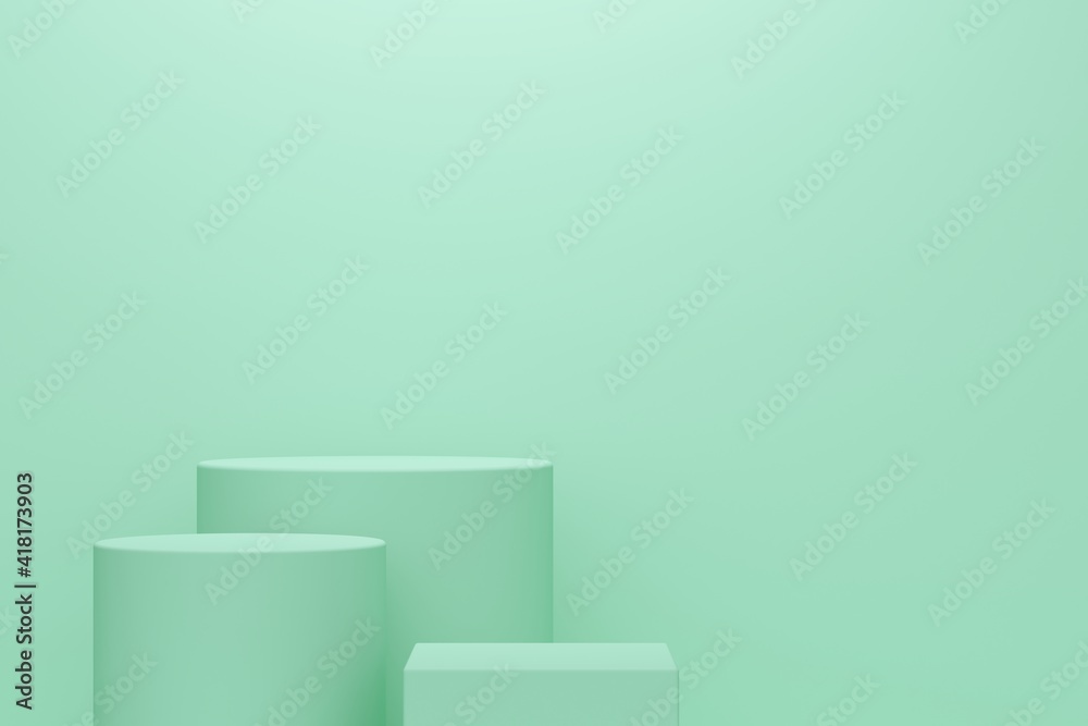Mint abstract background with cylindrical and square podium. Backdrop design for product promotion. 3d rendering Mint abstract background with cylindrical and square podium. Backdrop design for product promotion. 3d rendering