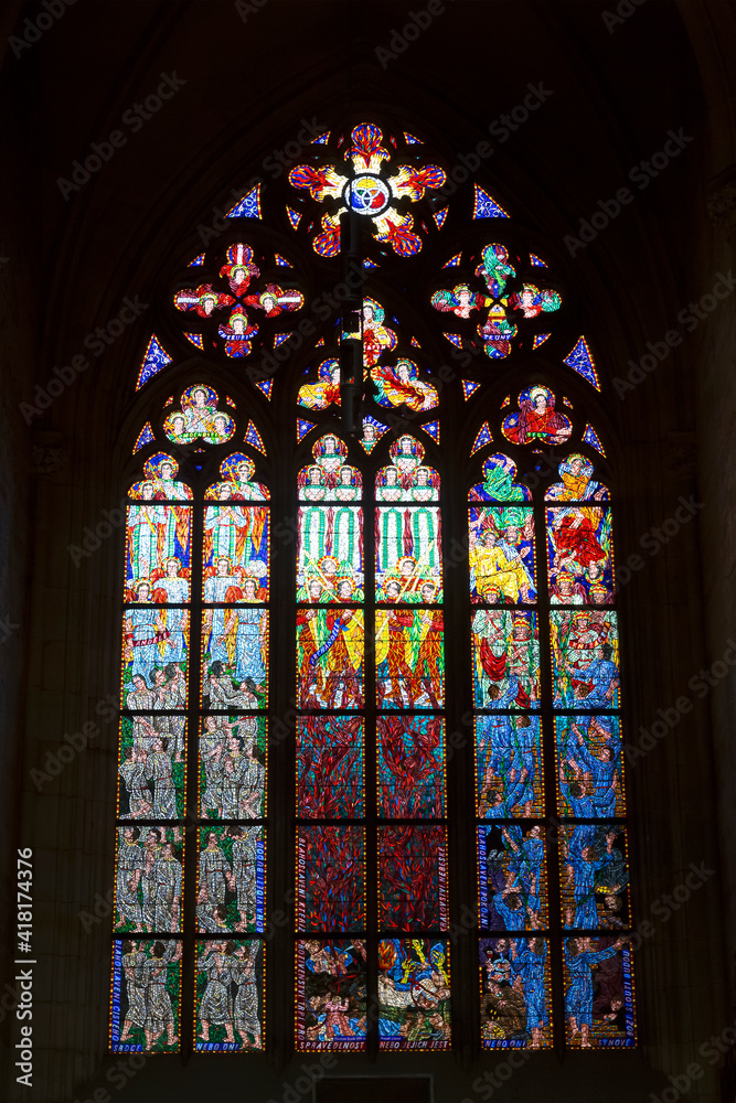 Stained glass window of St. Vitus Cathedral in Prague castle, Prague, Czech Republic