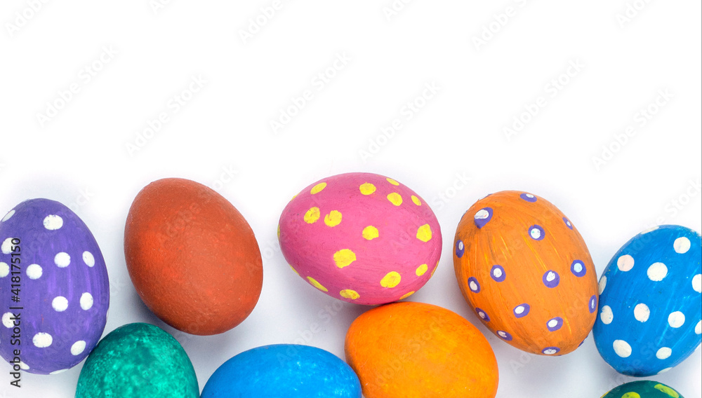 Easter eggs. Happy Easter card. Multicolored Easter eggs. Easter. Easter eggs on a white wooden background. Easter eggs. Isolate. Copy space