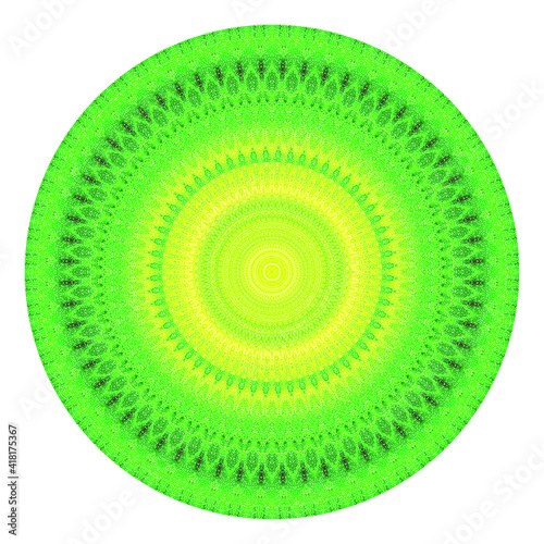 Creative yellow green points round symbol. Abstract symmetrical logo. Mosaic green beautiful beads. Circle dots modern pixel floral art icon. Yellow pattern ornament wheel decorative illustration.
