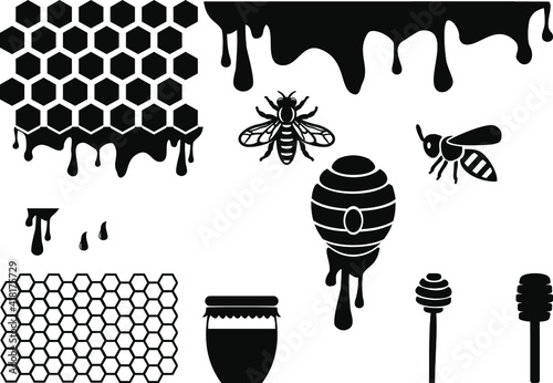 Honeycomb, Honey Drop, Honey Hive, Honey Spoon, Honey Jar. Vector
