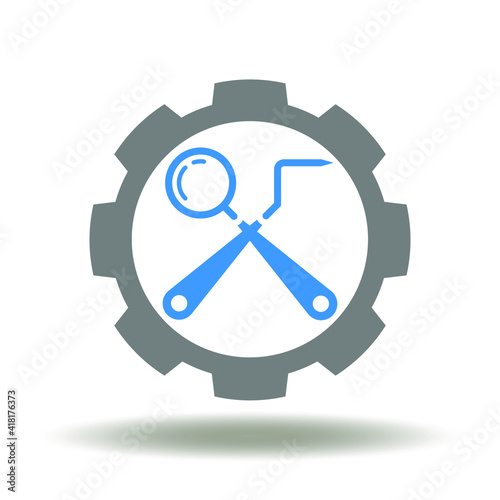 Gear with dentist instruments mirror and probe vector icon. Dental care service symbol.