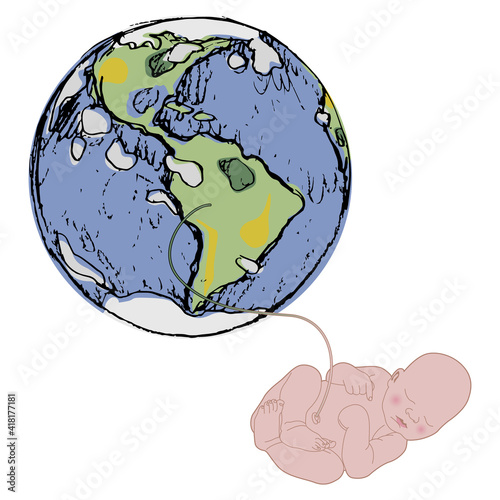 Newborn baby connected to planet Earth with its umbilical cord. Creative global environmental concept. Nature is our mother and home.