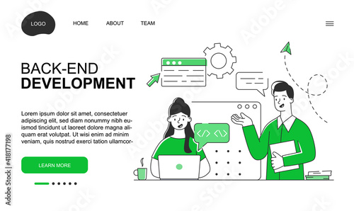 Male and female characters are working on back-end development. Concept of development, coding and software engineering. Website, web page, landing page template. Flat cartoon vector illustration