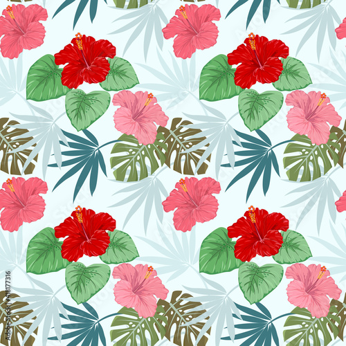 Hibiscus flowers with tropical leaf pattern.