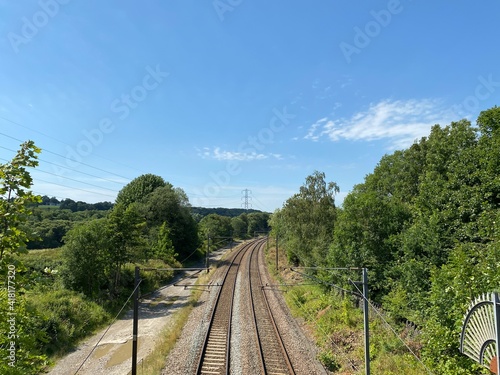 Looking over the, Airedale Line, railway track from Leeds, on a sunny day in, Calverley, Leeds, UK