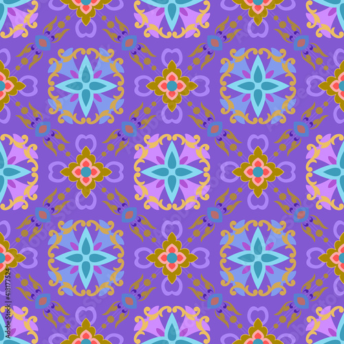 Colorful thai art seamless pattern fabric textile wallpaper.