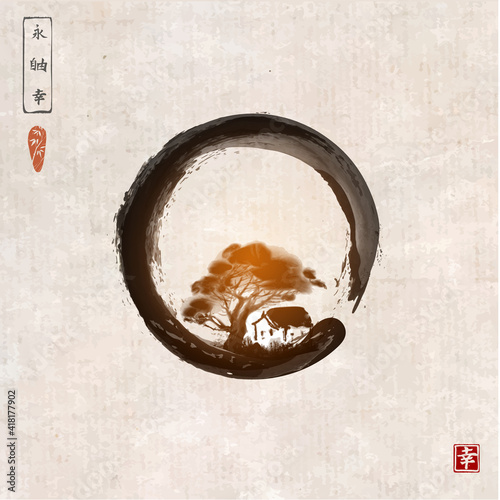 Little house under the big tree and red sun in enso zen circle on vintage rice paper background. Traditional oriental ink painting sumi-e, u-sin, go-hua. Hieroglyphs - eternity, freedom, happiness