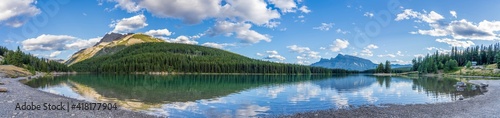 Two Jack Lake panorama view in summer day. Beautiful landscape reflected on water surface. Banff National Park, Canadian Rockies, Alberta, Canada.