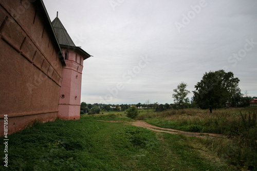 round tower under wooden hipped roof of Saviour Monastery of St. Euthymius in Suzdal, Russia