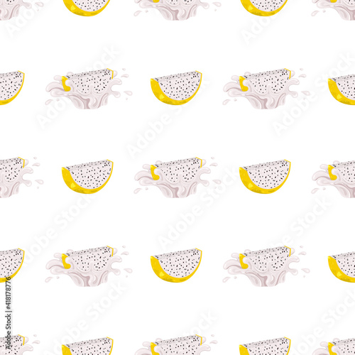 Seamless pattern with fresh bright yellow pitaya juice splash burst isolated on white background. Summer fruit juice. Cartoon style. Vector illustration for any design.