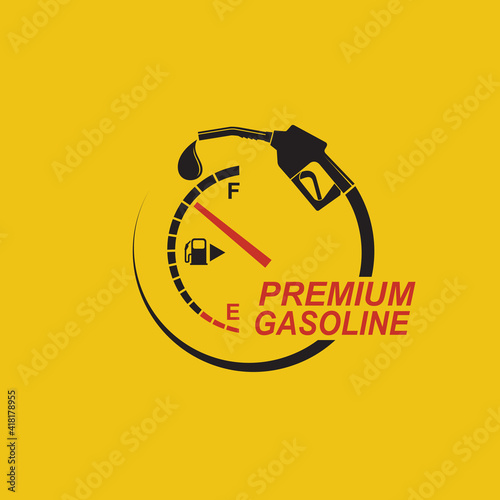 poster with fuel pump nozzle and gasoline gauge isolated on yellow background