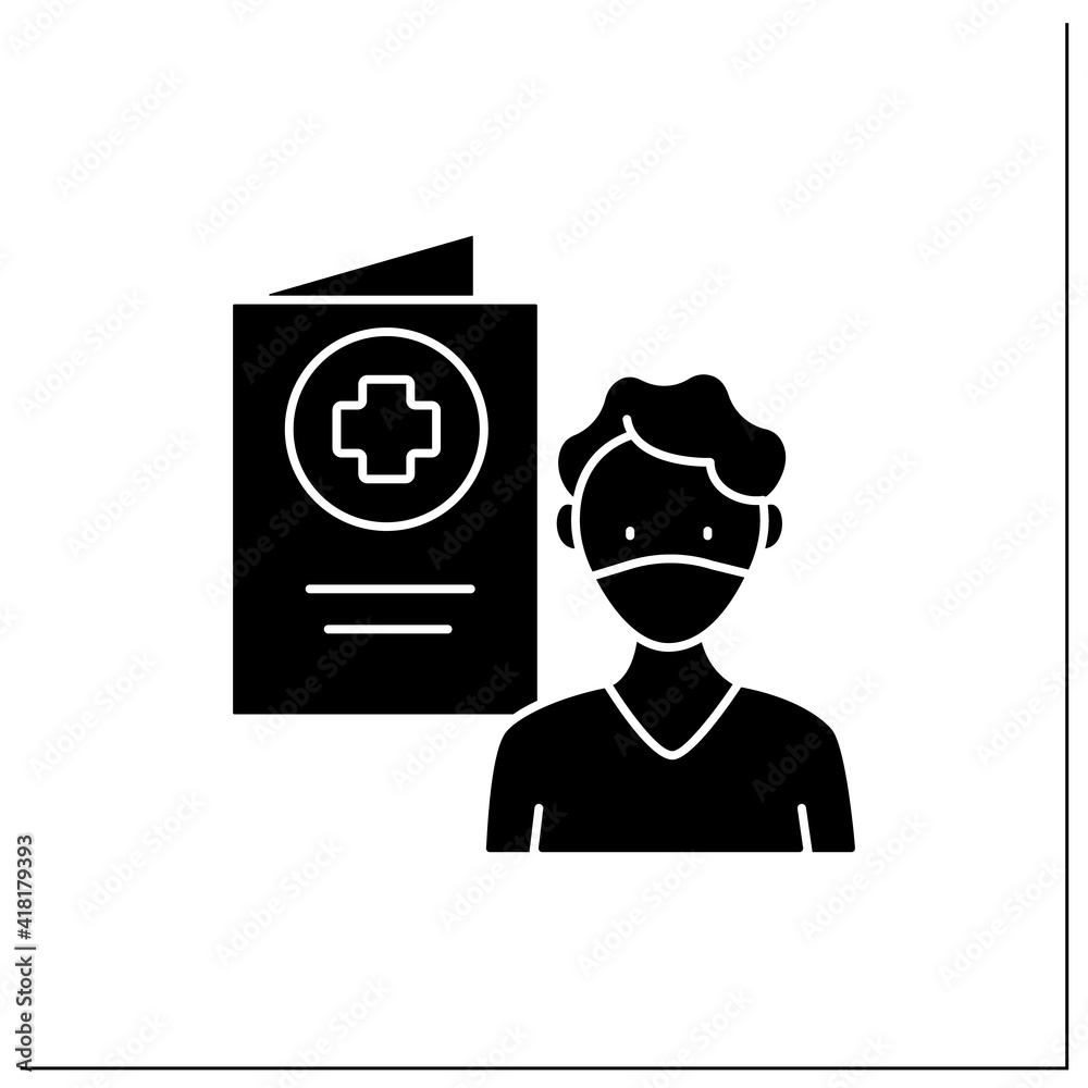 Covid19 passport glyph icon. Man in mask has got necessary document. Vaccination card. Health care, protection. Note about health status. Filled flat sign. Isolated silhouette vector illustration Covid19 passport glyph icon. Man in mask has got necessary document. Vaccination card. Health care, protection. Note about health status. Filled flat sign. Isolated silhouette vector illustration