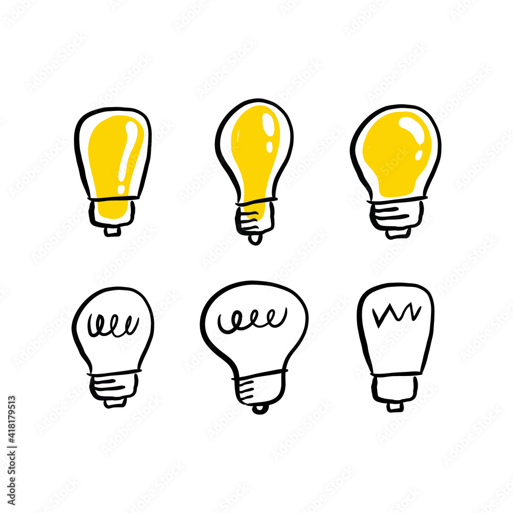 Light bulb doodle collection. Set of hand drawn electric lamp. Symbol of idea, innovation and solution. Light bulb doodle collection. Set of hand drawn electric lamp. Symbol of idea, innovation and solution.