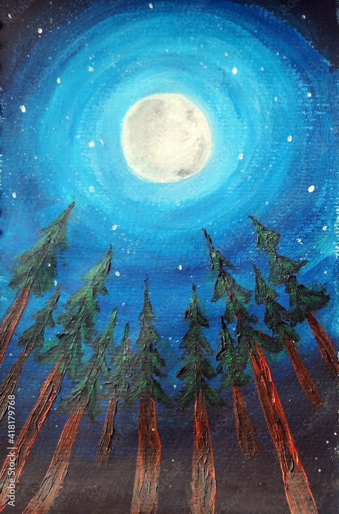 Fototapeta premium Pine forest under the moon light . I painted an abstract landscape with acrylic paint.