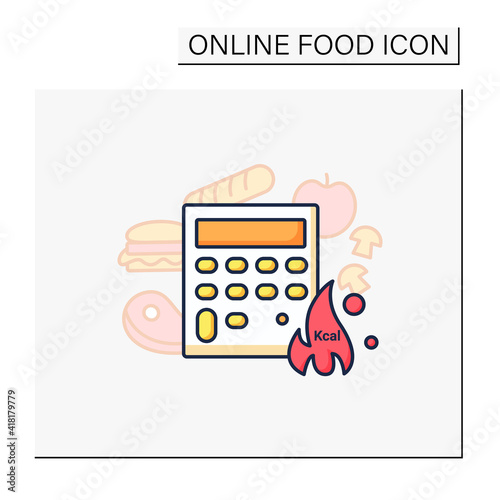 Calorie calculator color icon. Online food counter. Healthy eating. Calorie count. Serving size. Weight loss concept. Portion control. Dietary nutrition. Isolated vector illustration