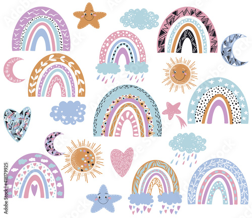 Rainbows, sun, funny clouds, stars, hearts. Sky background. Baby shower. Vector illustration. Cute kids set.