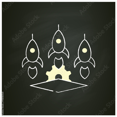 Startup studio chalk icon. Launch and build several companies in succession. Three successful businesses. Startup foundry concept. Isolated vector illustration on chalkboard