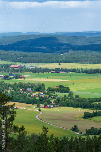Aerial view from a sunny Swedish countryside