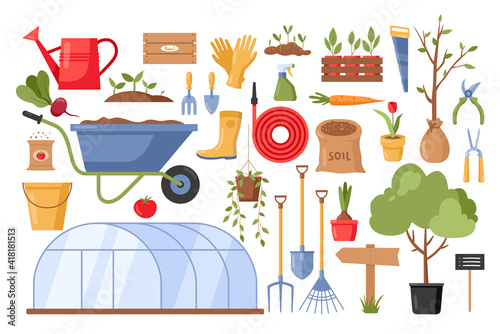 Garden tools. Vector gardening equipment with flowers, rubber boots, glove, seedling, watering can, scissors, wheelbarrow, shovel, rake, saw, bucket isolated on white background. Spring farming icons