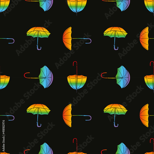 Seamless pattern of silhouettes various colorful umbrellas