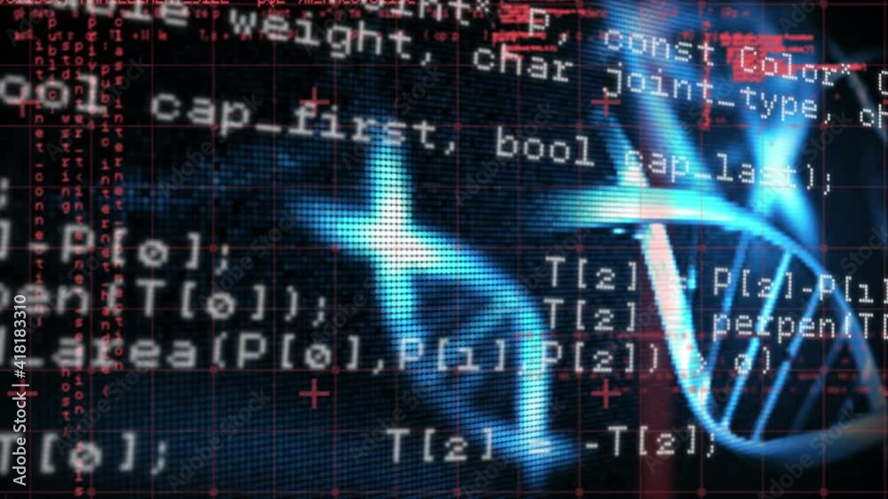 Animation of 3d dna strand spinning and scientific data processing over grid in background Animation of 3d dna strand spinning and scientific data processing over grid in background