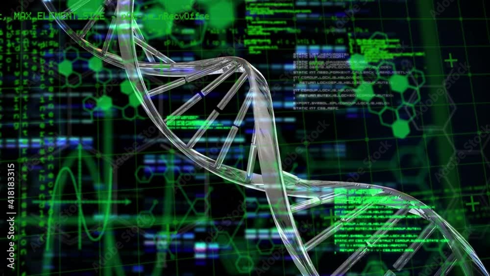 Animation of 3d dna strand spinning and scientific data processing over hexagons in background Animation of 3d dna strand spinning and scientific data processing over hexagons in background