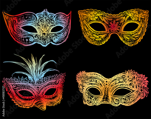 Vector illustration of various drawn colorful venetian masquerade masks