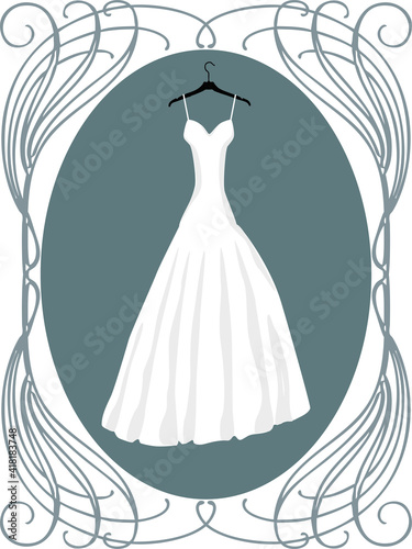 Vector illustration of white wedding dress in vintage ornate frame