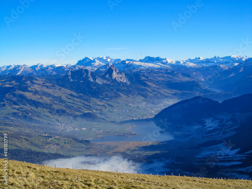 View from mount Rigi, Switzerland towards the Alps in a winter without any snow