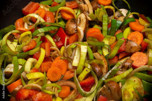 cooked vegetables and soja sauce in a pan