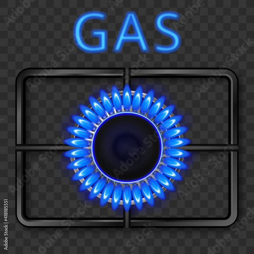 Gas burner with blue flame and black steel grate.Vector realistic illustration