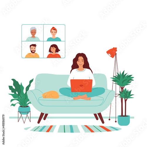Happy young woman sitting with laptop on sofa. Concept for online conference from home, communication with colleagues, training, webinar. Talking by video call on the computer. Vector illustration