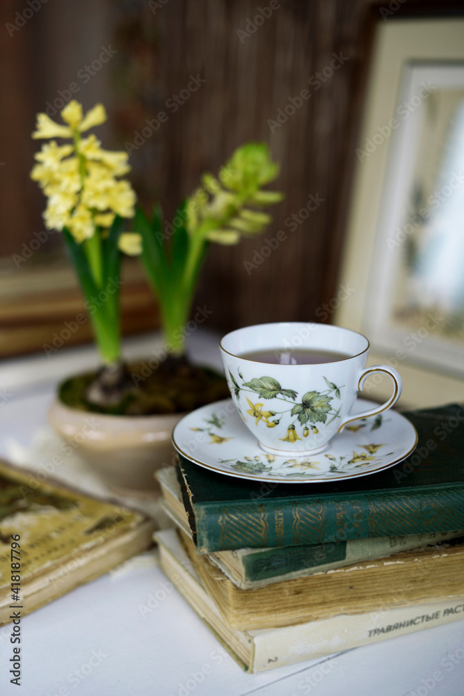 cup of tea on the table early in the morning