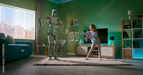 Photography Girl dancing with android friend at home