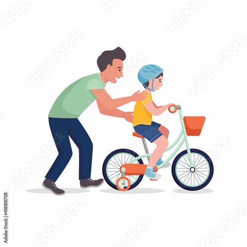 Father teaches his son to ride a bike. Vector flat illustration
