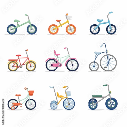 Set of kids bikes from tricycles to teenagers. Colorful bicycles with different frame types. Vector flat illustration set.