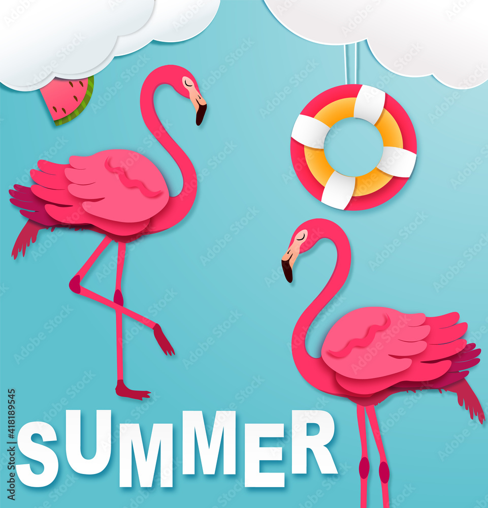 Fototapeta premium illustration of a summer and flamingo. paper cut style