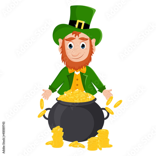 Cute cartoon leprechaun with a pot of gold. Vector illustration with happy St. Patrick's Day.