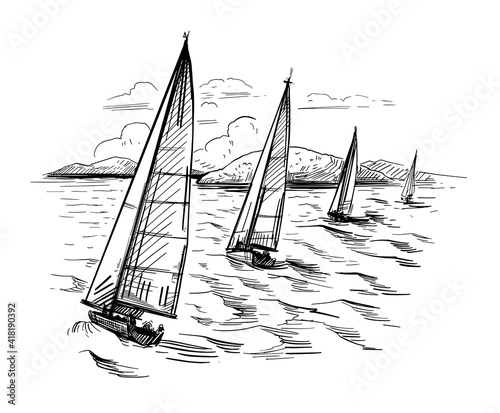 Landscape with yachts and the sea. Outline vector illustration. Yachting . Black on transparent backgroun