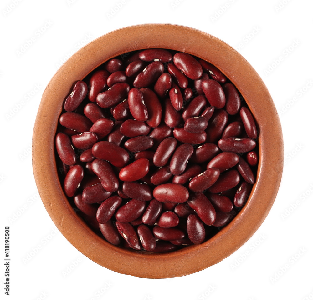 Red kidney beans in clay pot isolated on white background, top view Red kidney beans in clay pot isolated on white background, top view