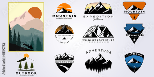 set and bundle of mountain adventure outdoor camping logo vector illustration design collection , camping, wild, life, style, hobby, sport