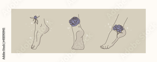 Various positions of female feet. Purple plants and flowers on the legs and heels. Decorative, elegant, minimalist elements. Vector illustration for design.