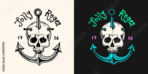 Pirate skull at anchor logo. Jolly roger or Corsair. Marine and nautical or sea, ocean emblem for sticker or t-shirt. Engraved hand drawn, old label or badge.