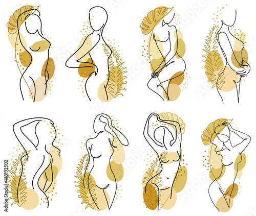 Collection. Silhouettes of the figure of a girl and a leaf of a plant in a modern one-line style. Solid line, aesthetic outline for home decor, posters, stickers, logo. Vector illustration set.