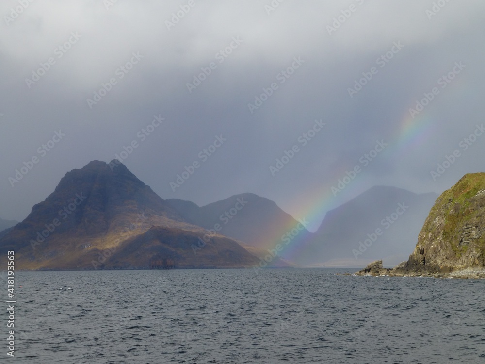 Bright rainbow over Loch Coruisk, Isle of Skye, as seen from Elgol