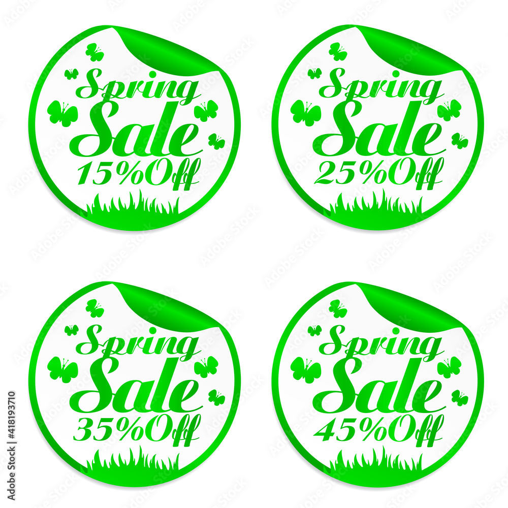 Spring design stickers set 15%, 25%, 35%, 45% off with butterflies. Vector illustration Spring design stickers set 15%, 25%, 35%, 45% off with butterflies. Vector illustration