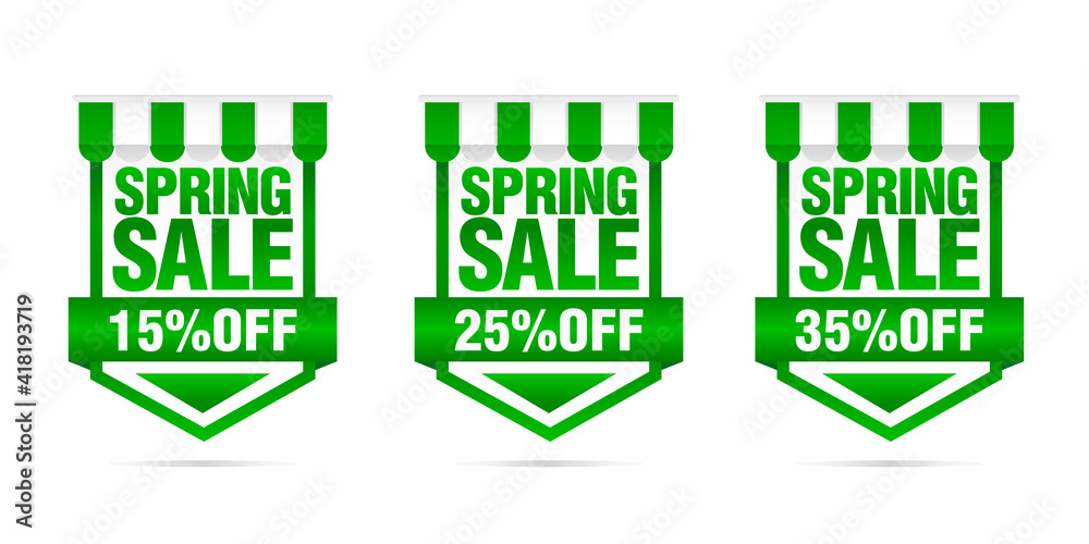 Shopping sale. Set of Spring sale green badges 15%, 25%, 35% off. Vector illustration Shopping sale. Set of Spring sale green badges 15%, 25%, 35% off. Vector illustration